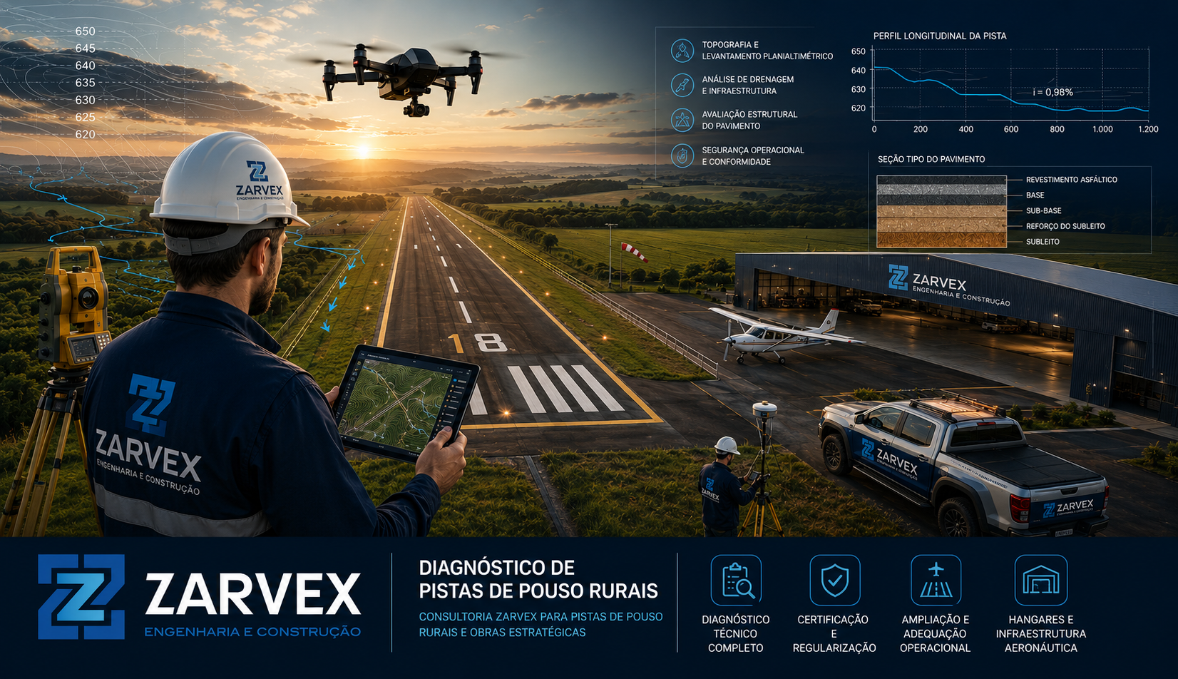 Diagnóstico técnico Zarvex para pistas de pouso rurais, campo, topografia, drenagem e infraestrutura aeronáutica